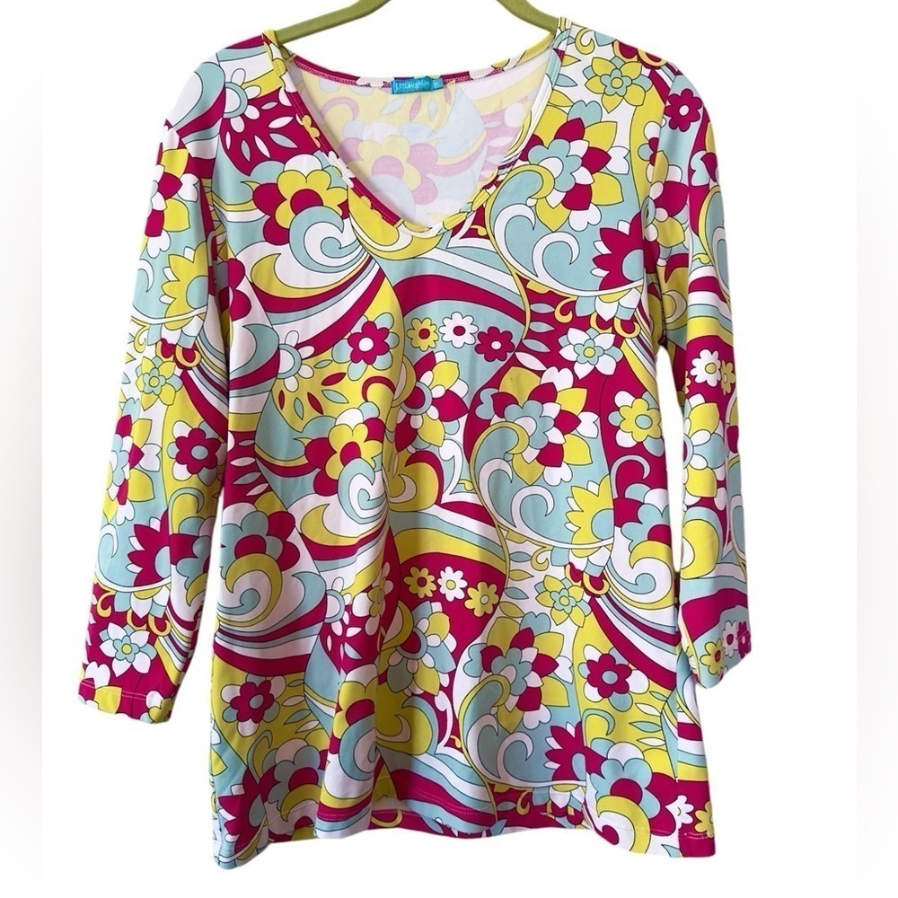 J McLaughlin Top Womens Medium Catalina Cloth Mod Floral Colorful Stretch Retro